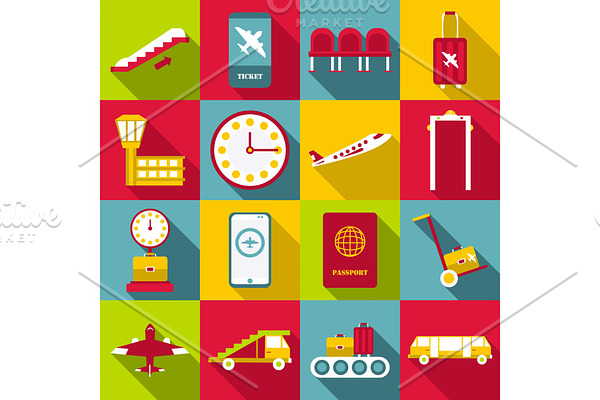 Airport symbols icons set, flat