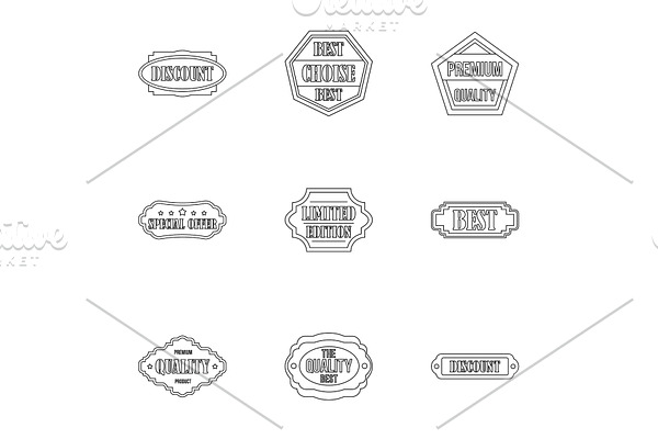 Types tag icons set, outline style