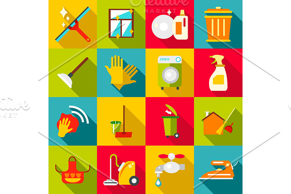 Cleaning items icons set, flat style