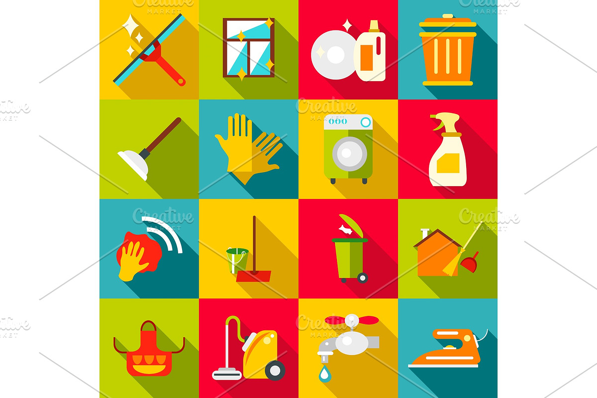 Cleaning items icons set, flat style in Objects - product preview 8