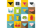 Underwear items icons set, flat
