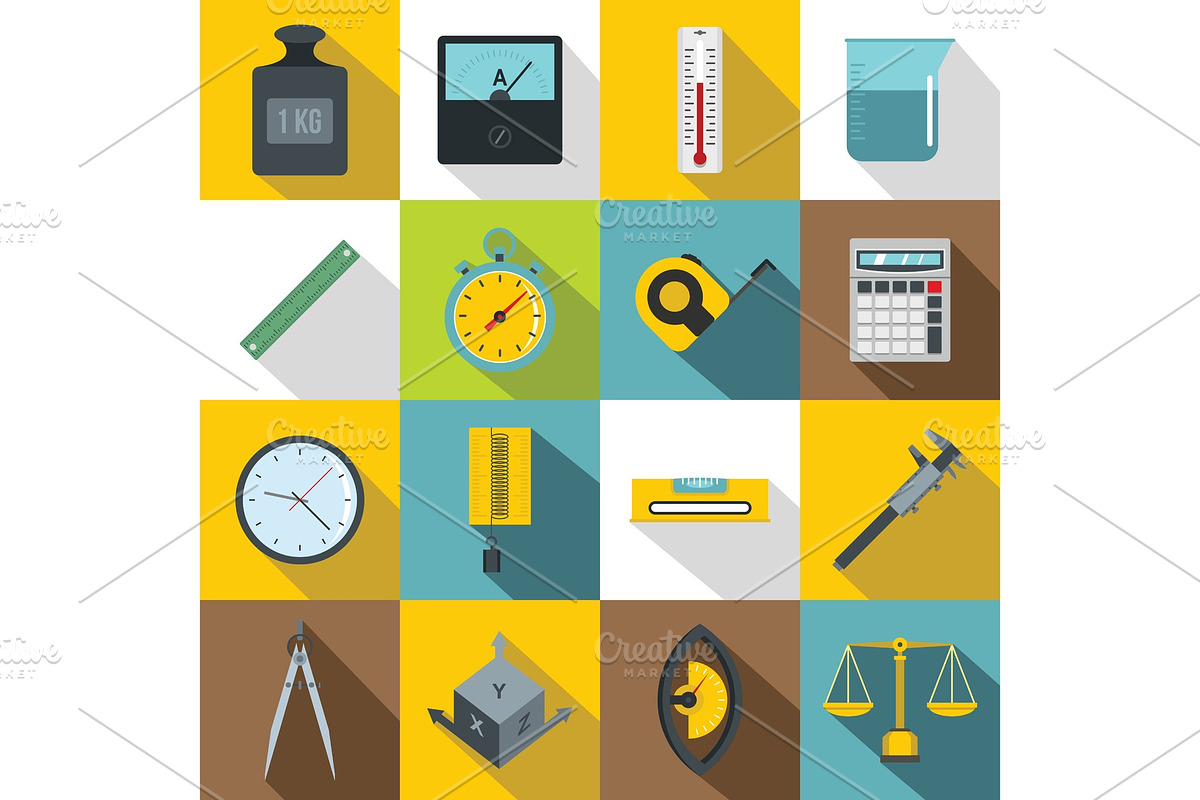 Measure precision icons set, flat in Illustrations - product preview 8