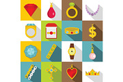 Jewelry items icons set, flat style