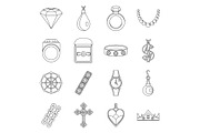 Jewelry items icons set, outline
