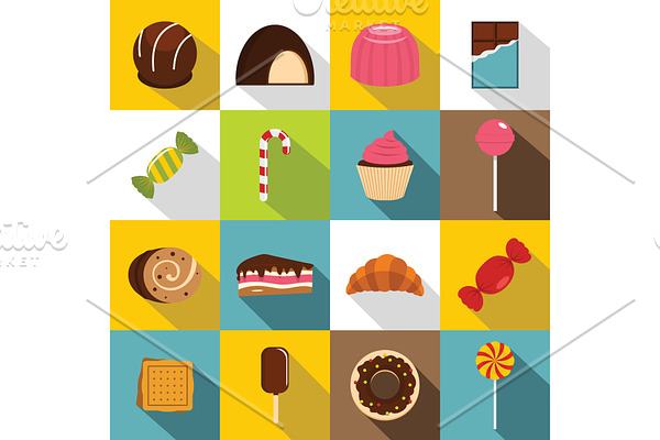 Sweets and candies icons set, flat