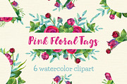 Pink floral watercolor tags, frames