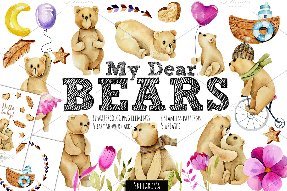 My dear Bears. Watercolor clipart. in Illustrations - product preview 8
