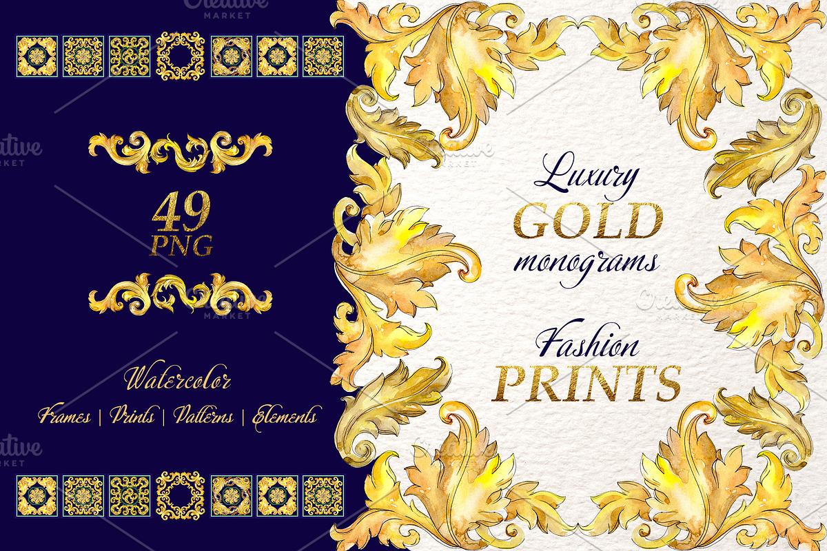 Luxury gold monograms Watercolor png in Illustrations - product preview 8