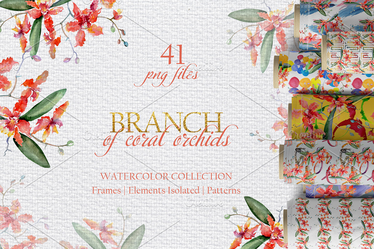 Branch of coral orchids Watercolor in Illustrations - product preview 8