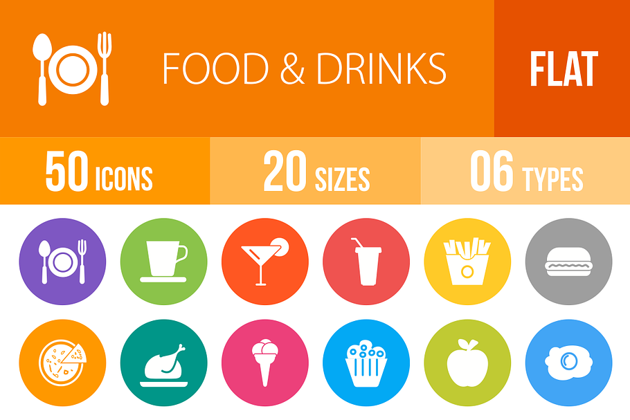 50 Food & Drinks Flat Round Icons