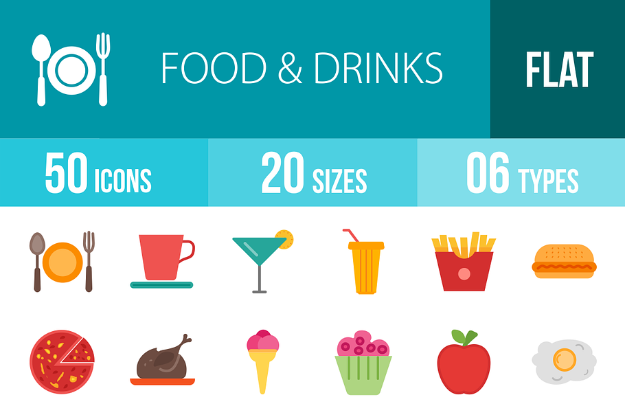 50 Food&Drinks Flat Multicolor Icons