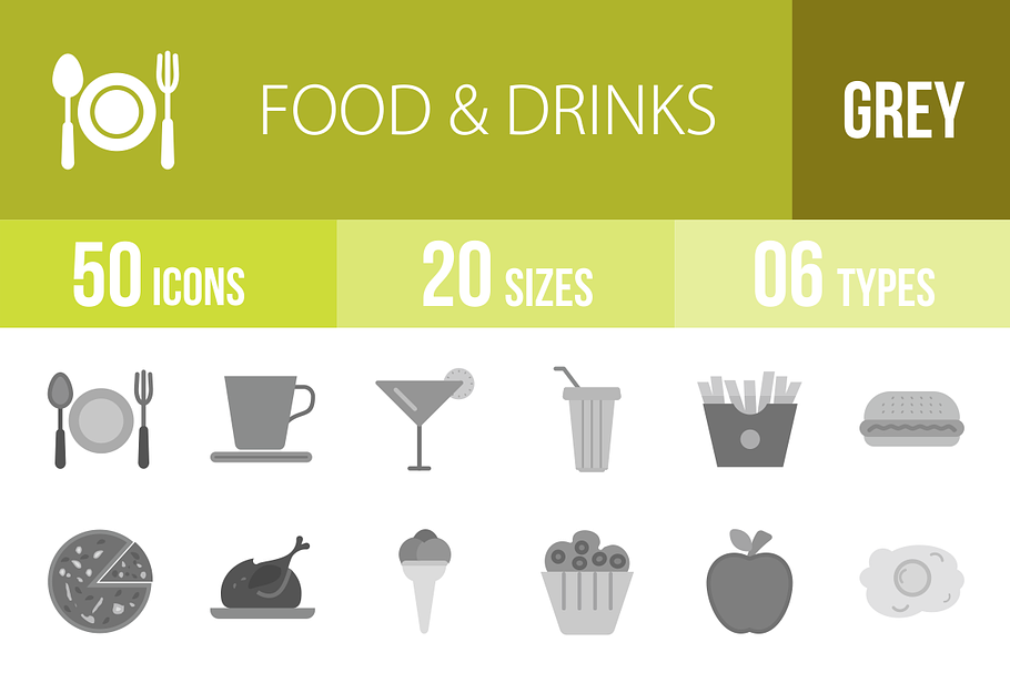50 Food & Drinks Greyscale Icons