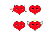 Red heart icon set Devil Angel