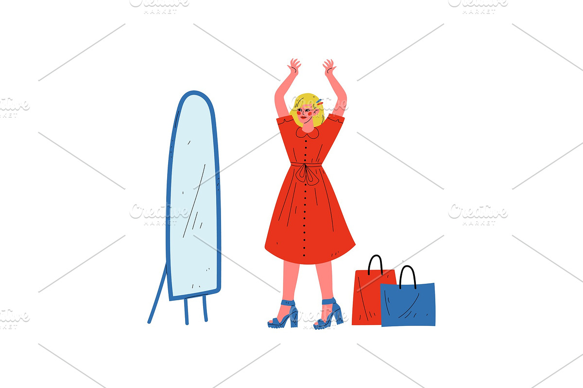 Young Woman in Red Dress Looking at in Illustrations - product preview 8