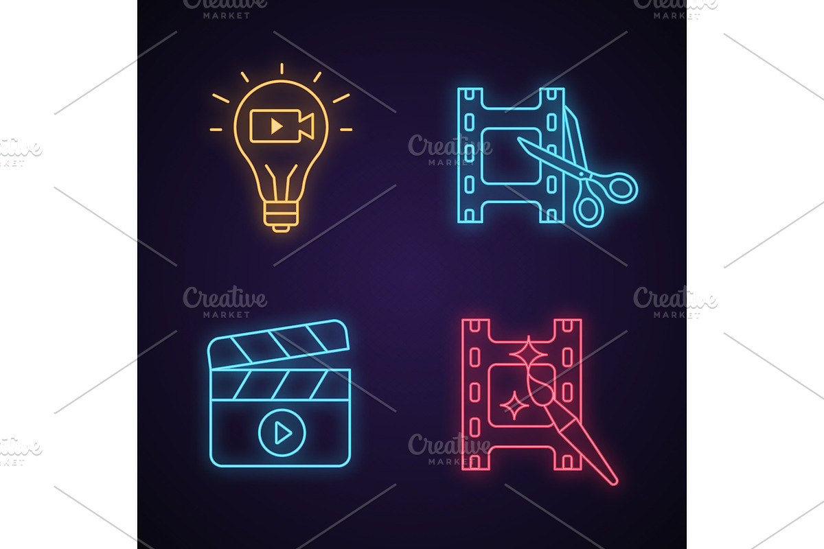 Film industry neon light icons set in Icons - product preview 8