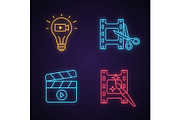 Film industry neon light icons set