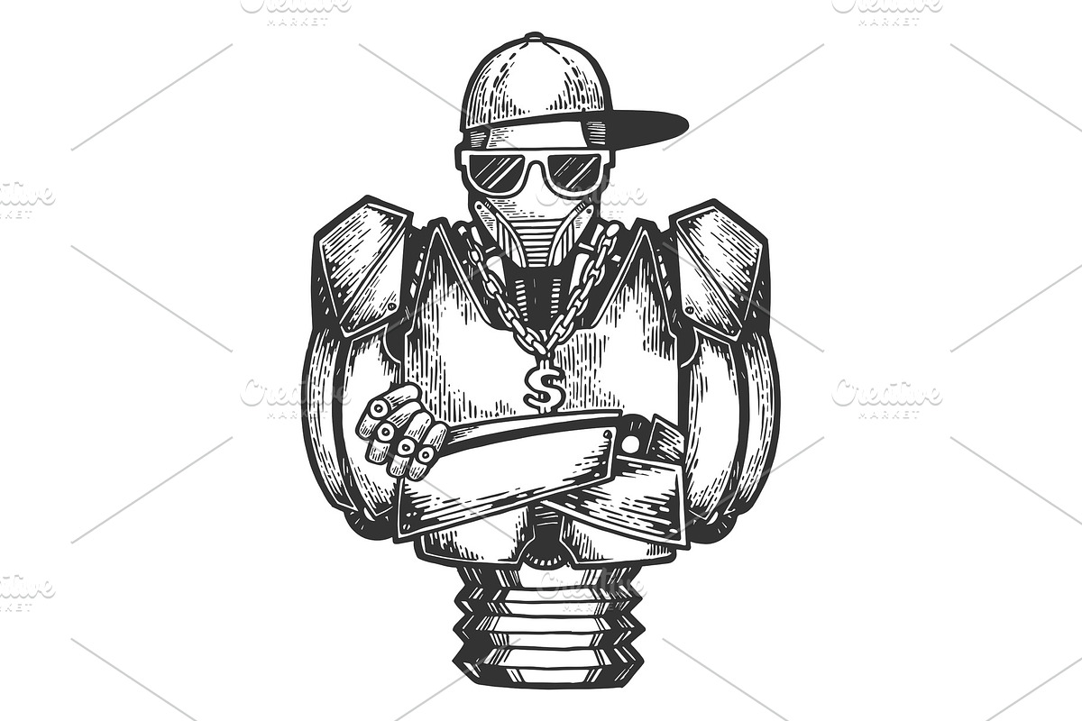 Cyborg robot rapper sketch engraving in Illustrations - product preview 8