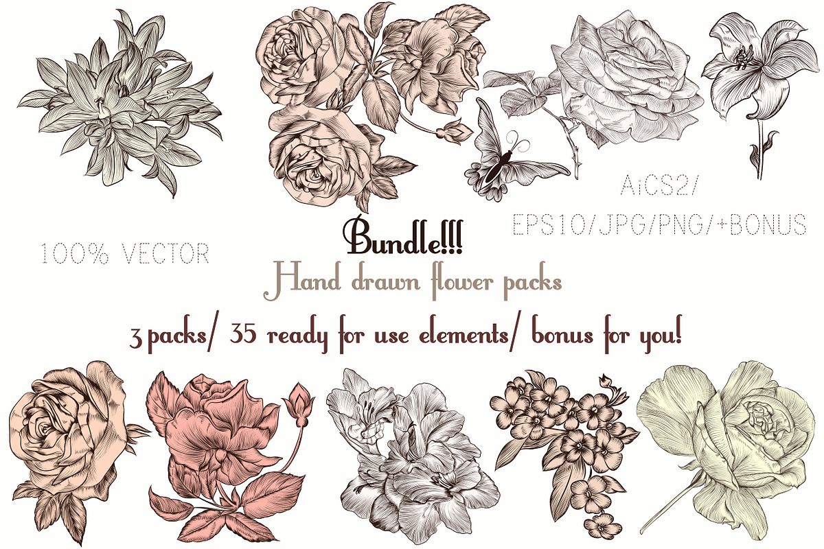 Bundle of engraved flowers in Objects - product preview 8