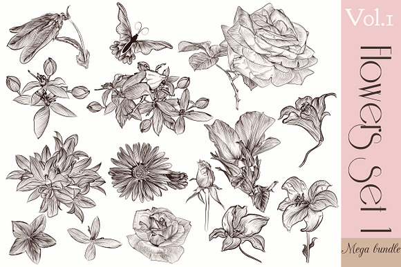 Bundle of engraved flowers in Objects - product preview 1