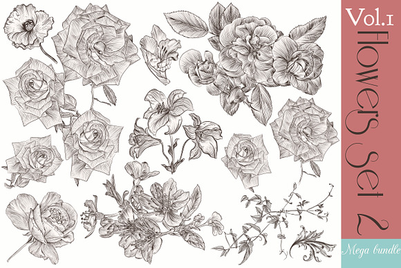 Bundle of engraved flowers in Objects - product preview 2