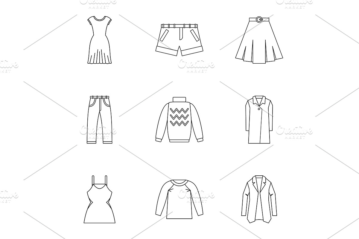 Types of clothes icons set, outline in Illustrations - product preview 8