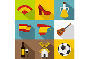 Holiday in Spain icons set, flat