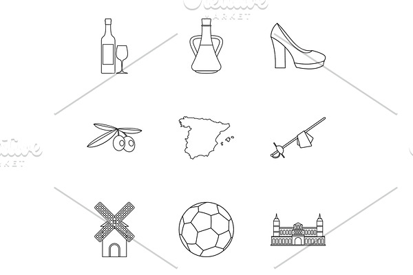 Country Spain icons set, outline