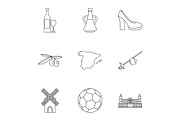 Country Spain icons set, outline