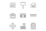 City buildings icons set, outline