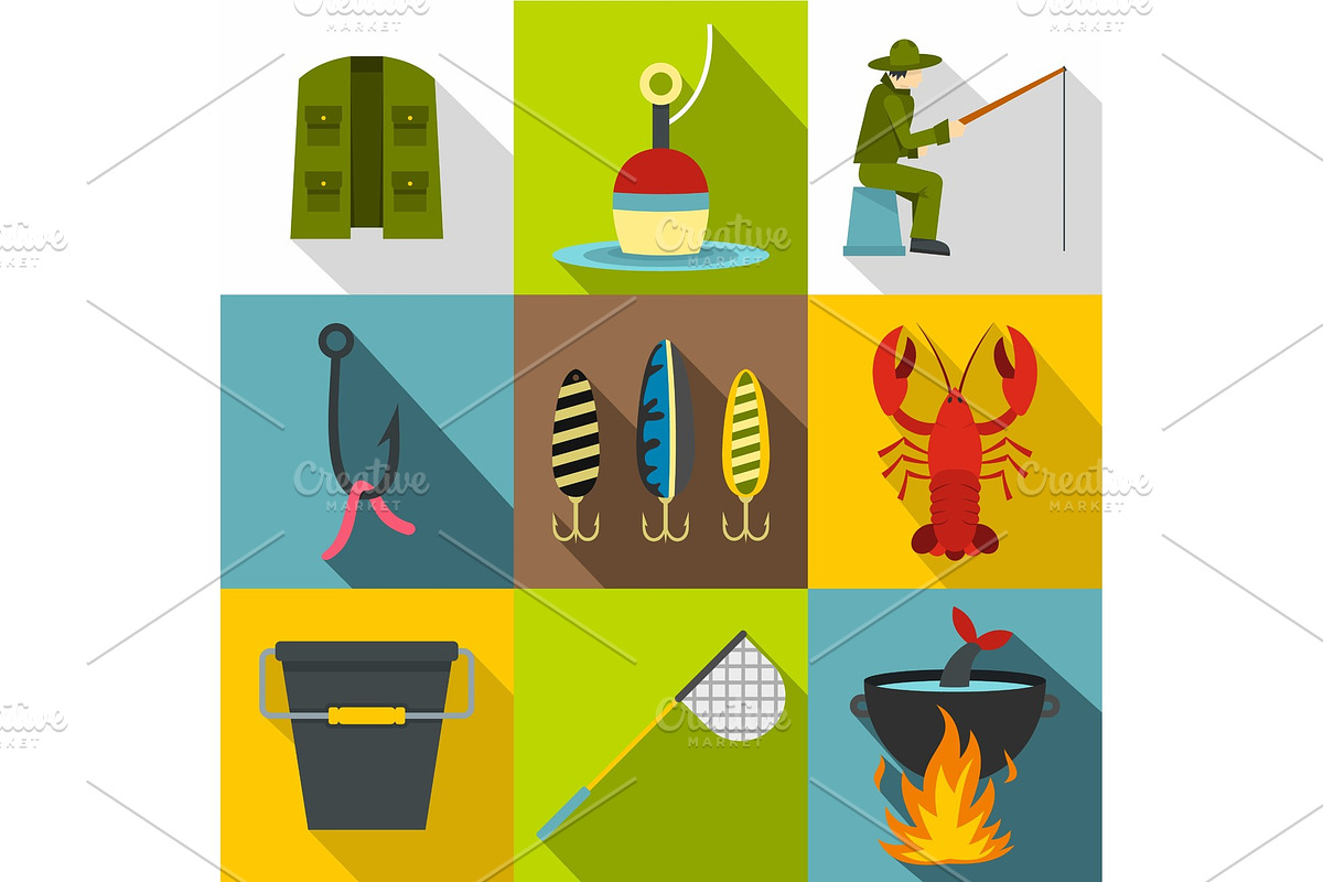 Fishing icons set, flat style in Objects - product preview 8