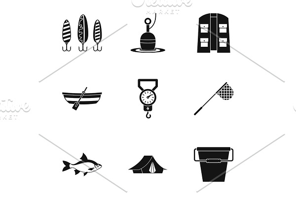 Catch fish icons set, simple style