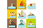 Water sport icons set, flat style