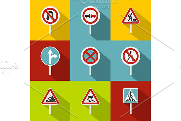 Sign warning icons set, flat style