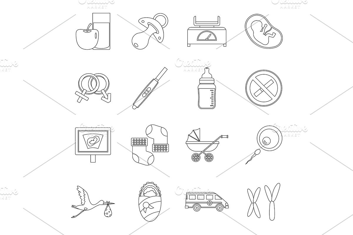 Pregnancy symbols icons set, outline in Illustrations - product preview 8