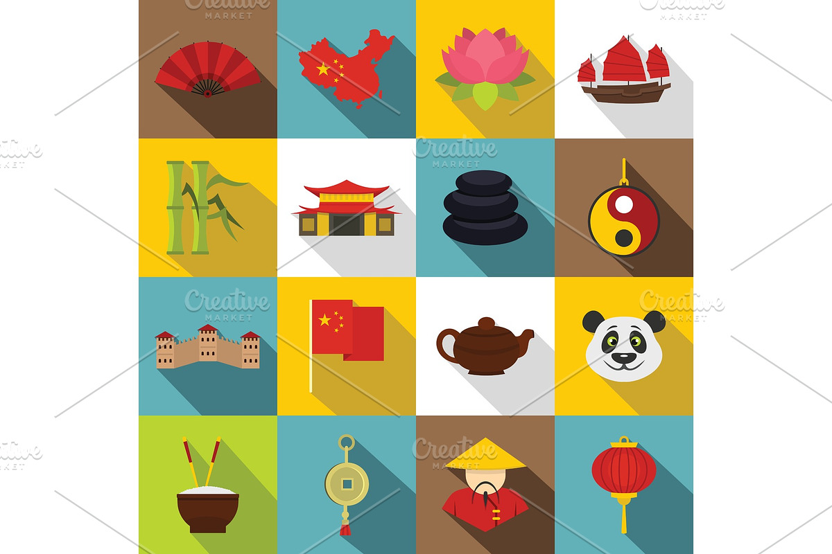 China travel symbols icons set, flat in Illustrations - product preview 8