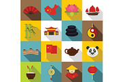 China travel symbols icons set, flat