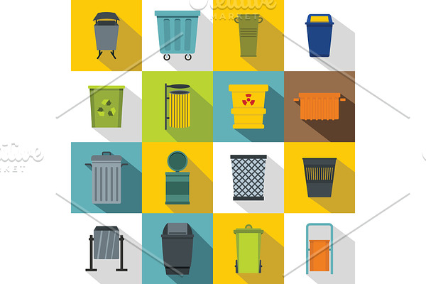 Garbage container icons set, flat