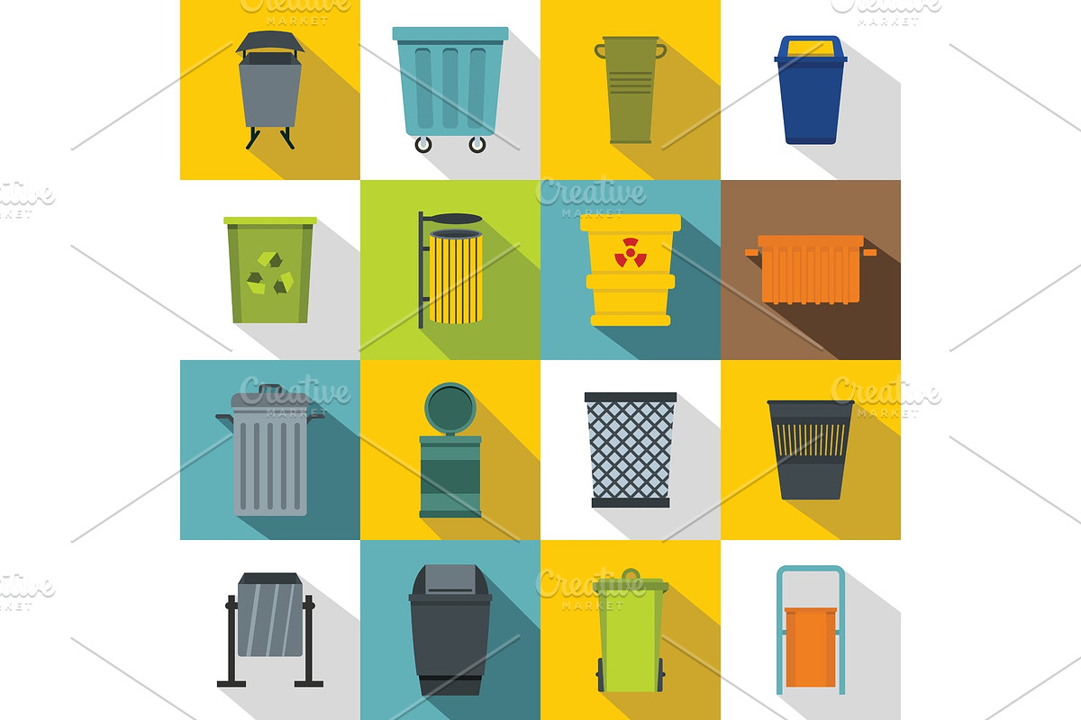 Garbage container icons set, flat in Illustrations - product preview 8