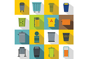 Garbage container icons set, flat