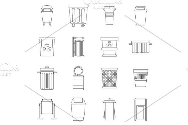 Garbage container icons set, outline