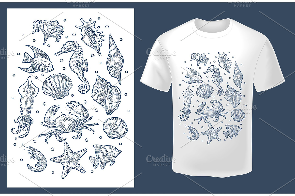 Set sea animal. Vector monochrome in Illustrations - product preview 8