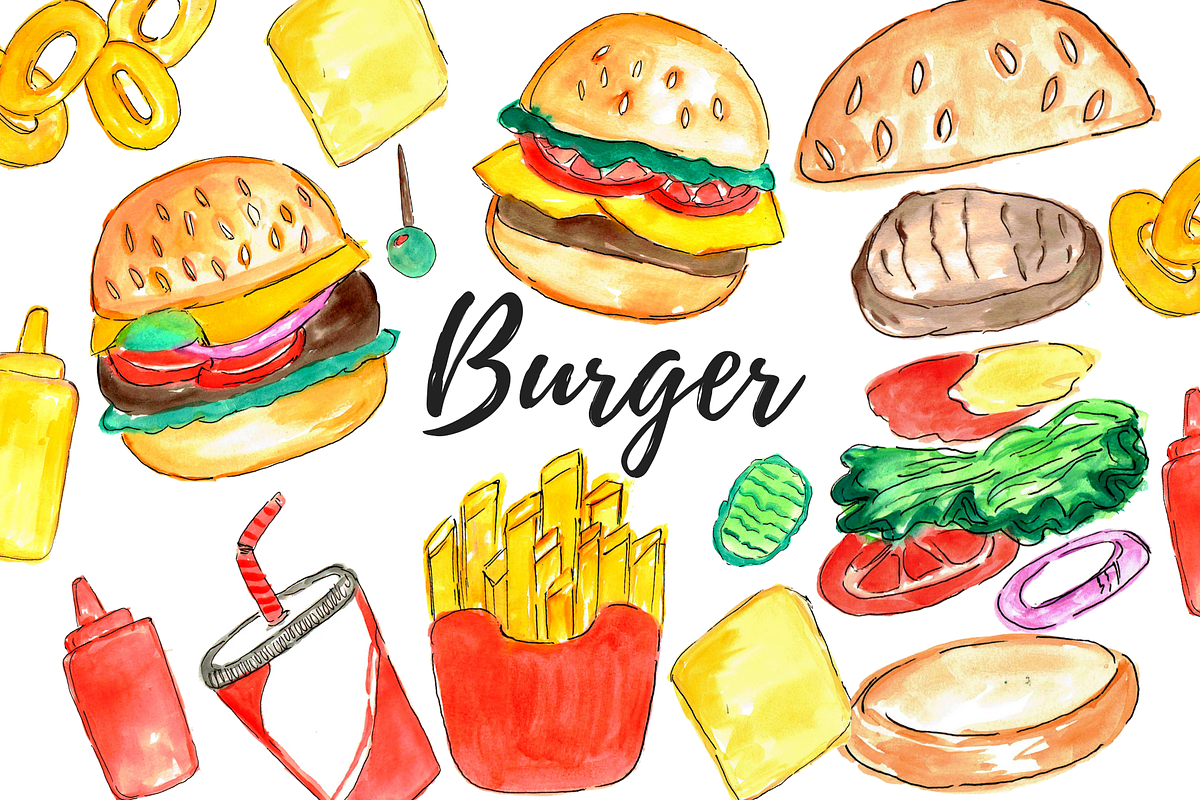 Watercolor Burger Food Clipart in Illustrations - product preview 8