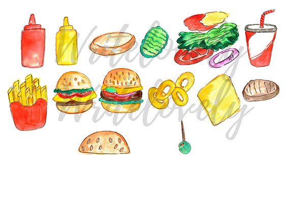 Watercolor Burger Food Clipart in Illustrations - product preview 1