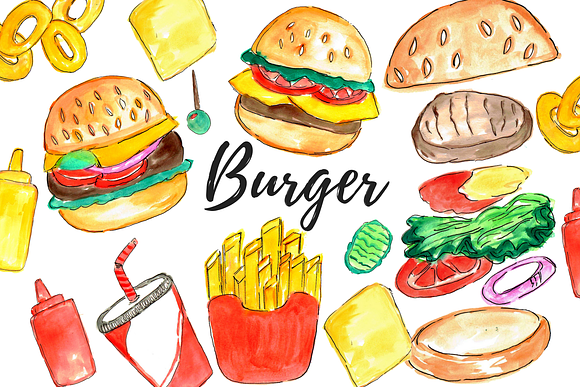 Watercolor Burger Food Clipart in Illustrations - product preview 2