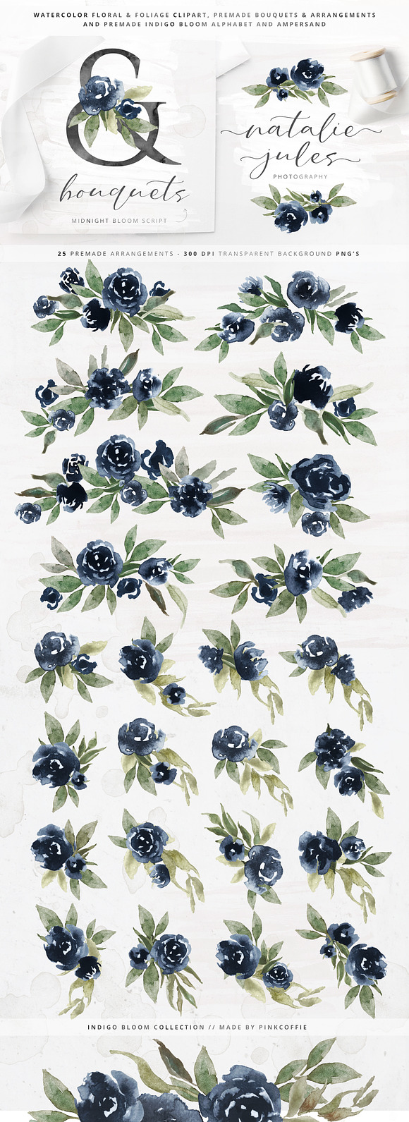 Indigo Bloom Watercolor Collection in Illustrations - product preview 2