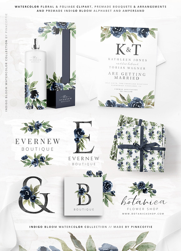 Indigo Bloom Watercolor Collection in Illustrations - product preview 3