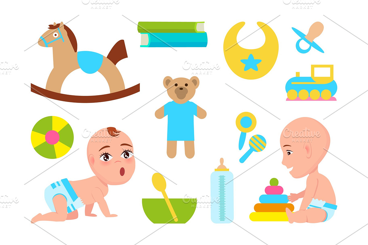 Cute Infants with Toys Color Vector in Illustrations - product preview 8