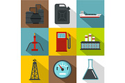 Petroleum icons set, flat style