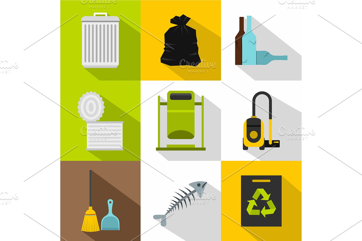 Garbage icons set, flat style in Objects - product preview 8