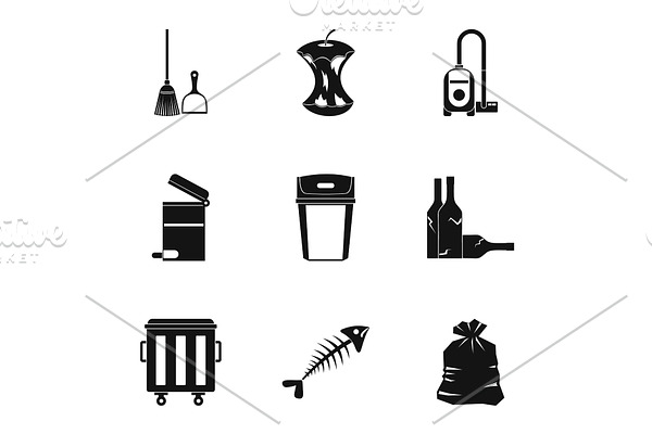 Rubbish icons set, simple style